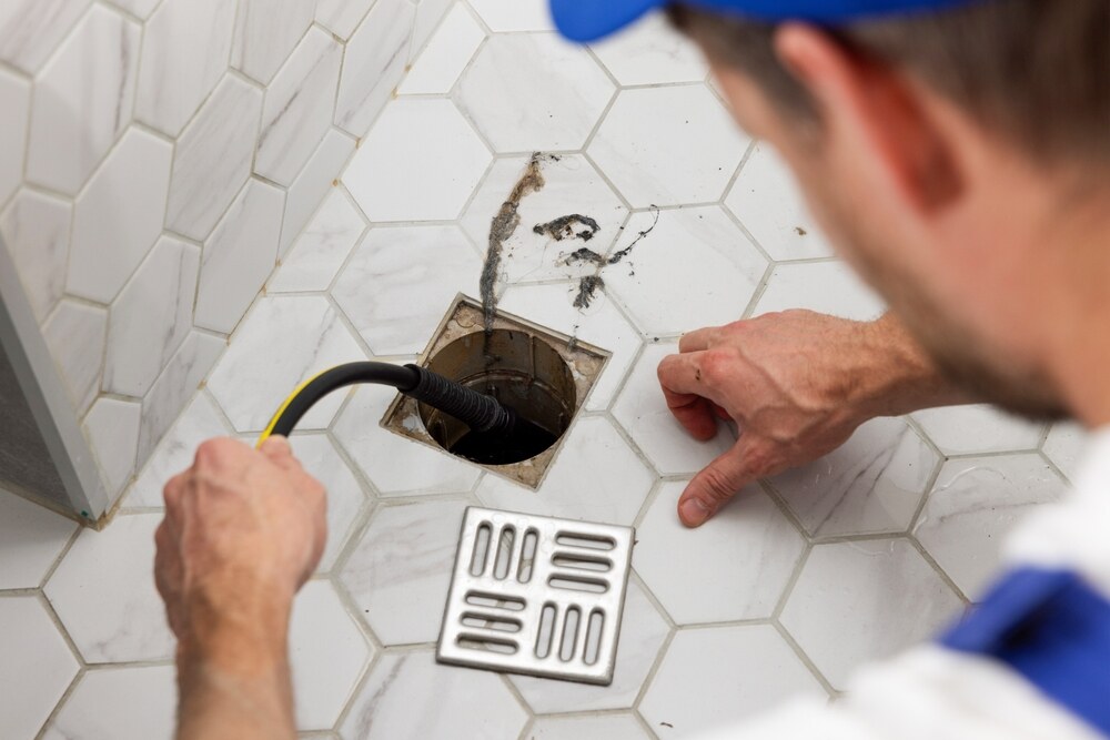 plumber clearing shower drain